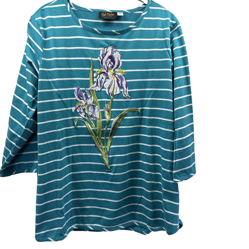 Bob Mackie Women's Top Size 1X Plus Blue Floral Stripe Wearable Art 3/4 Sleeves